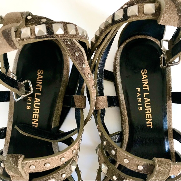 NWT SAINT LAURENT RUGGED SUEDE CAMOUFLAGE SILVER STUDDED SANDAL RUNS LARGE - Picture 9 of 14